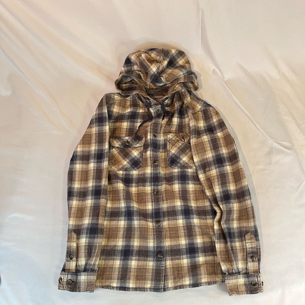 Carhartt Flannel Women’s Size S (4/6) Tan Plaid Hooded Button Up Shirt Hoodie